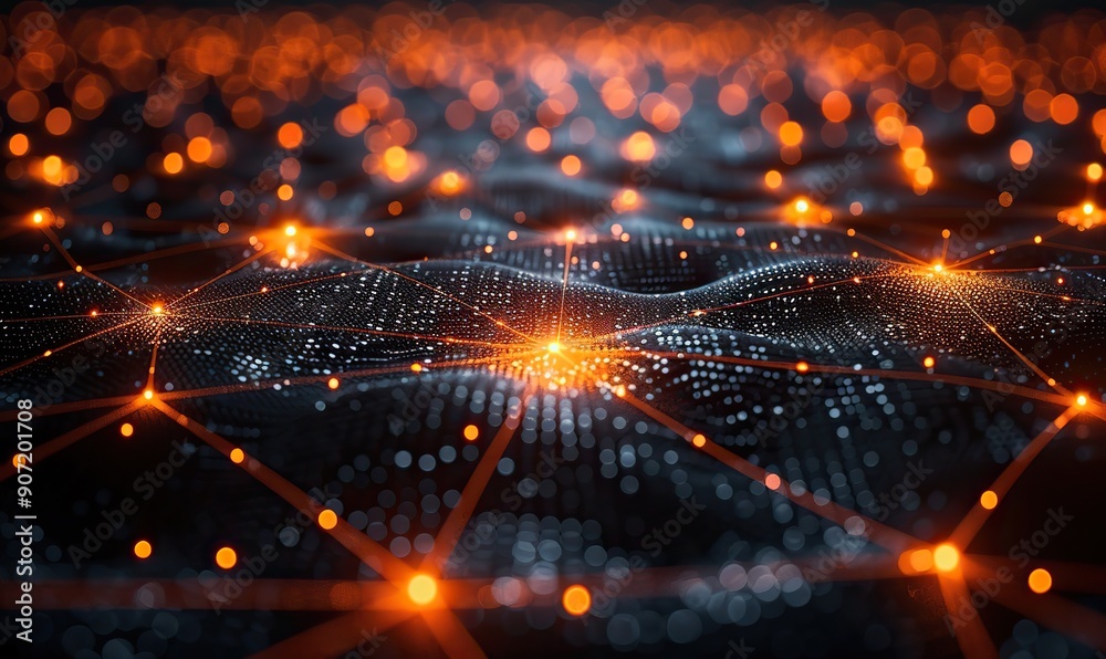 An abstract digital network with glowing orange nodes and lines represents interconnected data points and technological communication against a dark background. An abstract digital network with glowing orange nodes and lines represents interconnected data points and technological communication against a dark background.