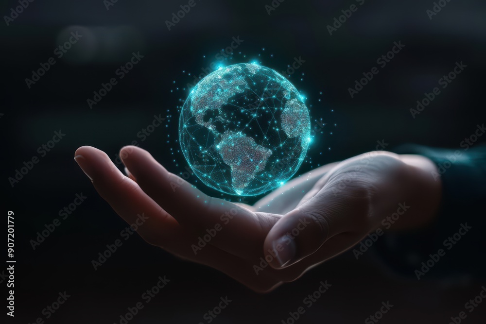 Splash of futuristic technology as a business hand presents a hologram icon of a globe Splash of futuristic technology as a business hand presents a hologram icon of a globe