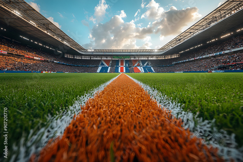 Modern interpretation of a football ground with England and Netherlands flags.