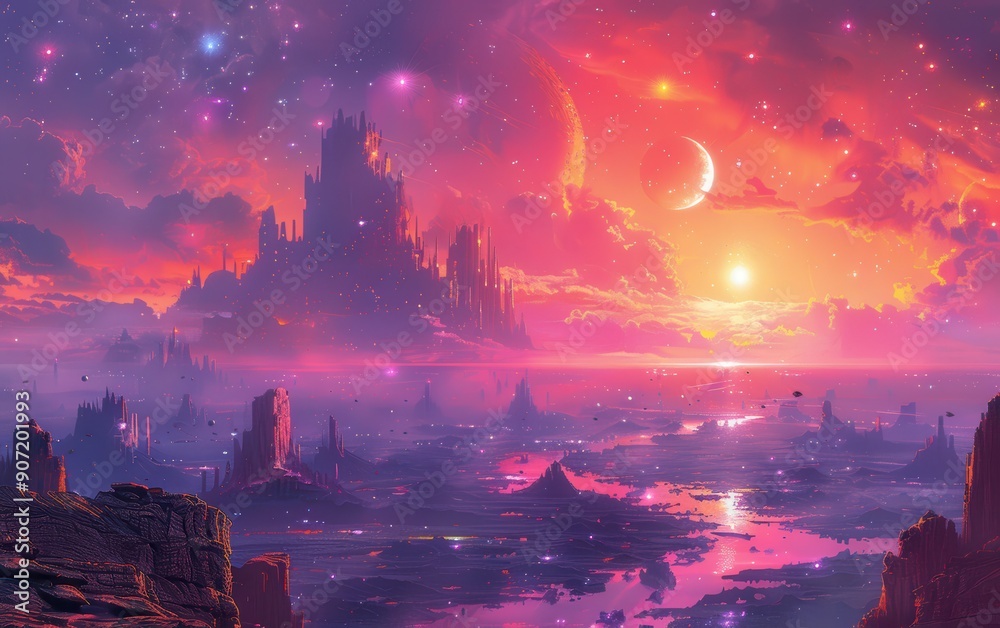 Fantasy Cityscape with Sunset and Stars Illustration Fantasy Cityscape with Sunset and Stars Illustration