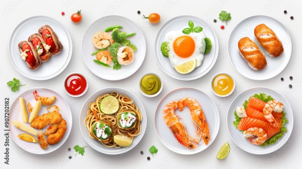 A variety of food items are displayed on white plates, including shrimp, eggs A variety of food items are displayed on white plates, including shrimp, eggs