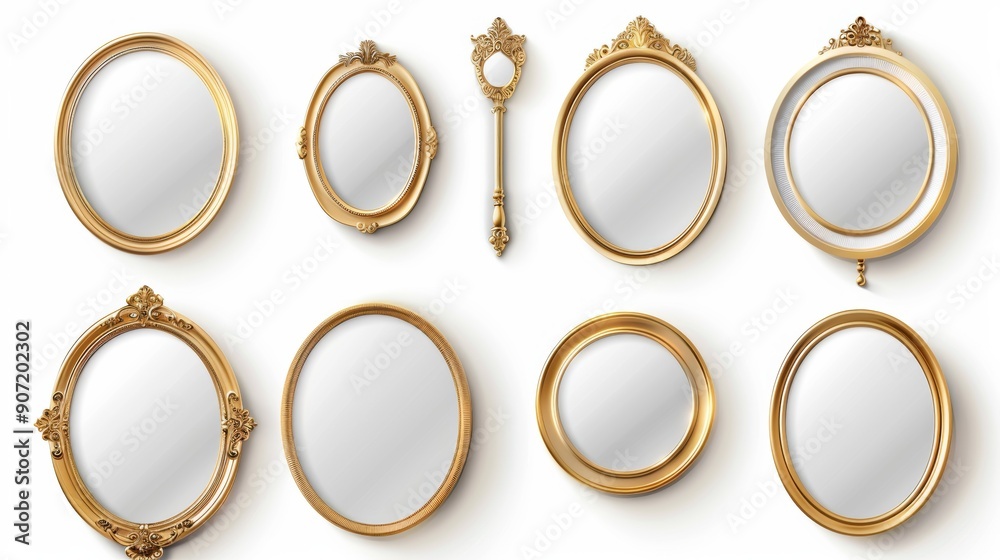 A set of gold framed mirrors with a white background