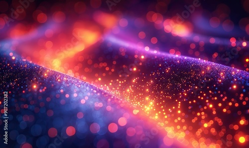 A colorful abstract representation of data transfers, information flow, and communication with vibrant lights and a bokeh effect, illustrating digital dynamics.