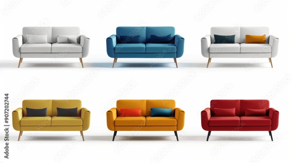 A row of six different colored couches are shown on a white background A row of six different colored couches are shown on a white background