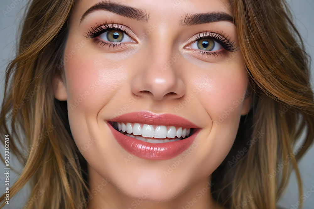 Close up on the face of a pretty woman with makeup, she has a wide smile with white teeth Close up on the face of a pretty woman with makeup, she has a wide smile with white teeth