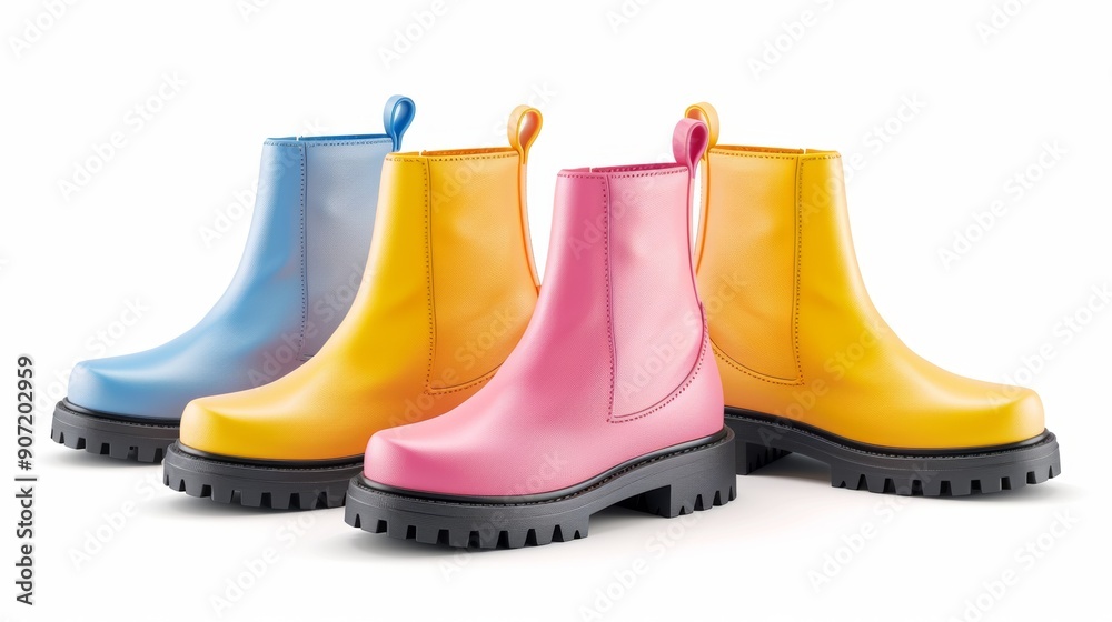 Three pairs of brightly colored boots are shown in a row Three pairs of brightly colored boots are shown in a row