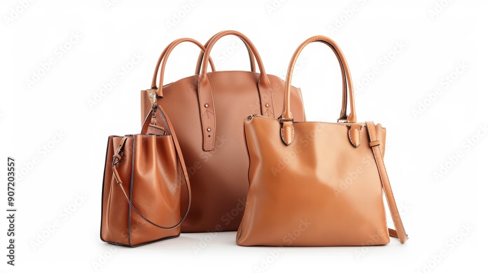 Three brown handbags are displayed on a white background Three brown handbags are displayed on a white background