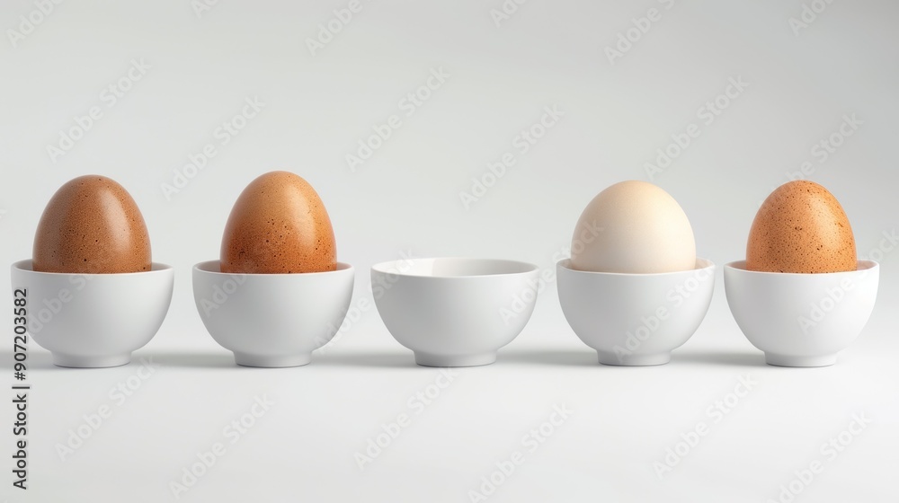 Five eggs are in white bowls, with one egg missing Five eggs are in white bowls, with one egg missing