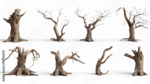 The image is a collection of ten different tree trunks