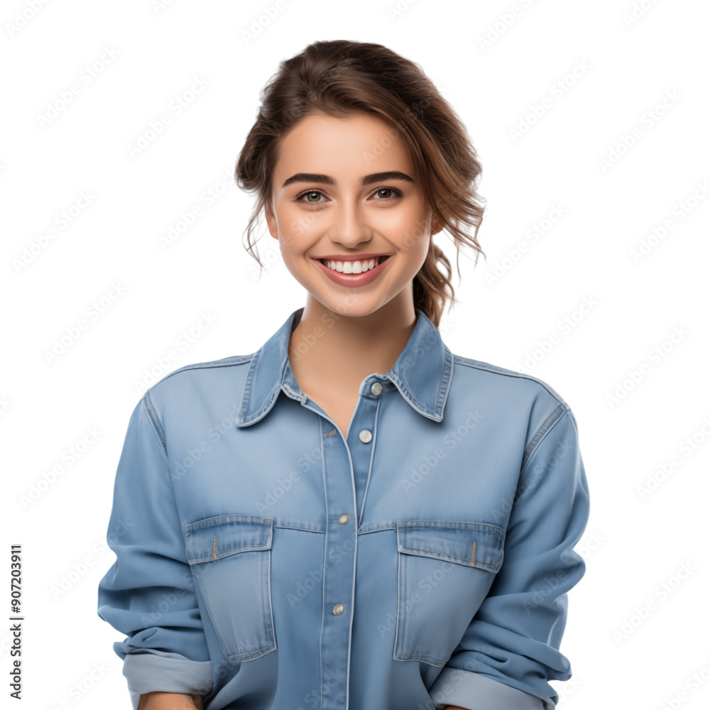 Smiling Woman In Blue Denim Shirt On Transparent Background Smiling Woman In Blue Denim Shirt On Transparent Background