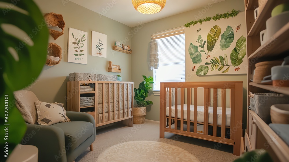A cozy and modern nursery featuring cribs, greenery, and soft decor, perfect for welcoming a new baby. A cozy and modern nursery featuring cribs, greenery, and soft decor, perfect for welcoming a new baby.