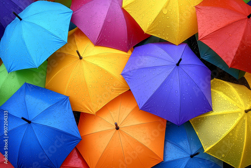 A vibrant array of colorful umbrellas covered in raindrops, top view