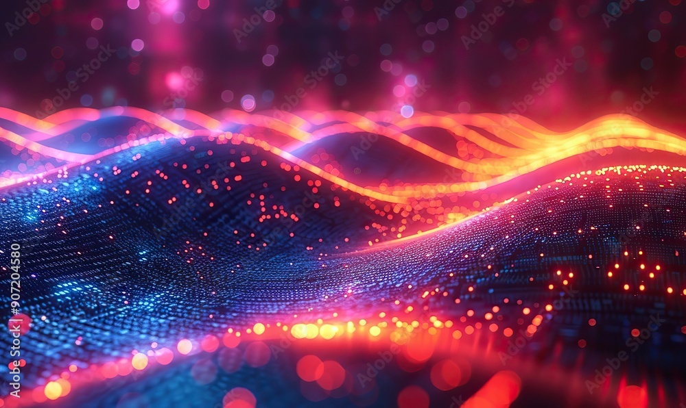 An abstract visualization of data upload with flowing colorful lines and curves represents information technology within a dynamic digital backdrop. An abstract visualization of data upload with flowing colorful lines and curves represents information technology within a dynamic digital backdrop.