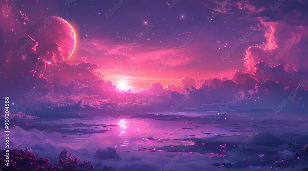 Pink Sky and Moon Illustration Pink Sky and Moon Illustration