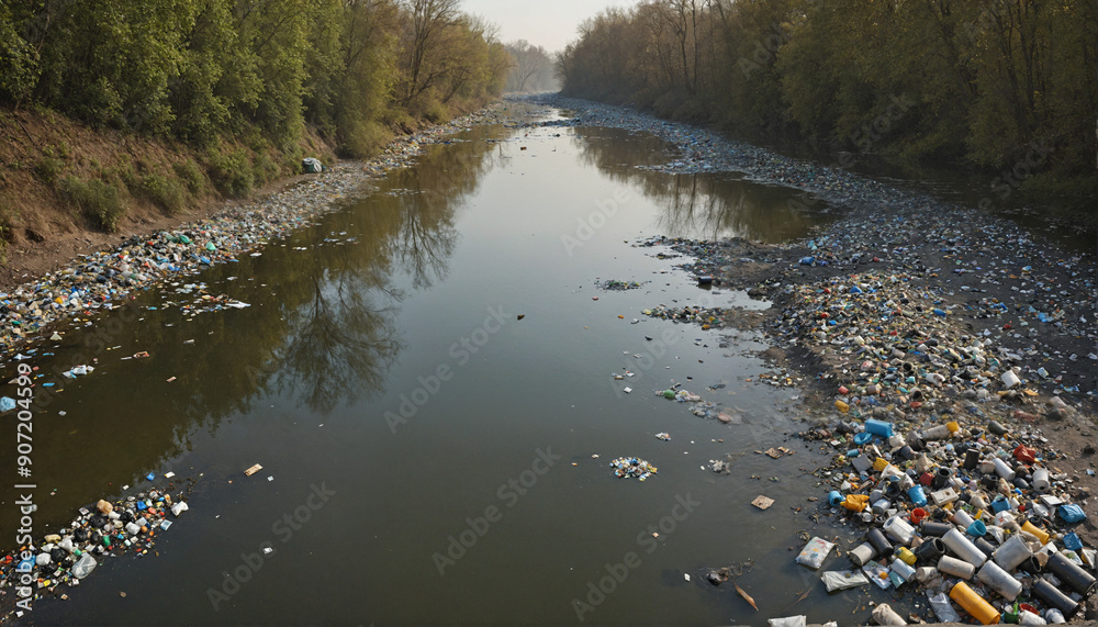 A polluted river landscape featuring debris and garbage along the banks, highlighting environmental issues and potential for conservation awareness. A polluted river landscape featuring debris and garbage along the banks, highlighting environmental issues and potential for conservation awareness.