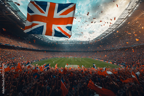 Symbolic representation of a stadium with England and Netherlands flags.
