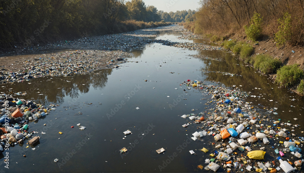 A polluted river overflowing with debris, showcasing the urgent need for environmental awareness and cleanup initiatives. A polluted river overflowing with debris, showcasing the urgent need for environmental awareness and cleanup initiatives.