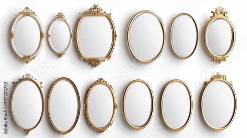 A set of gold framed mirrors with a white background