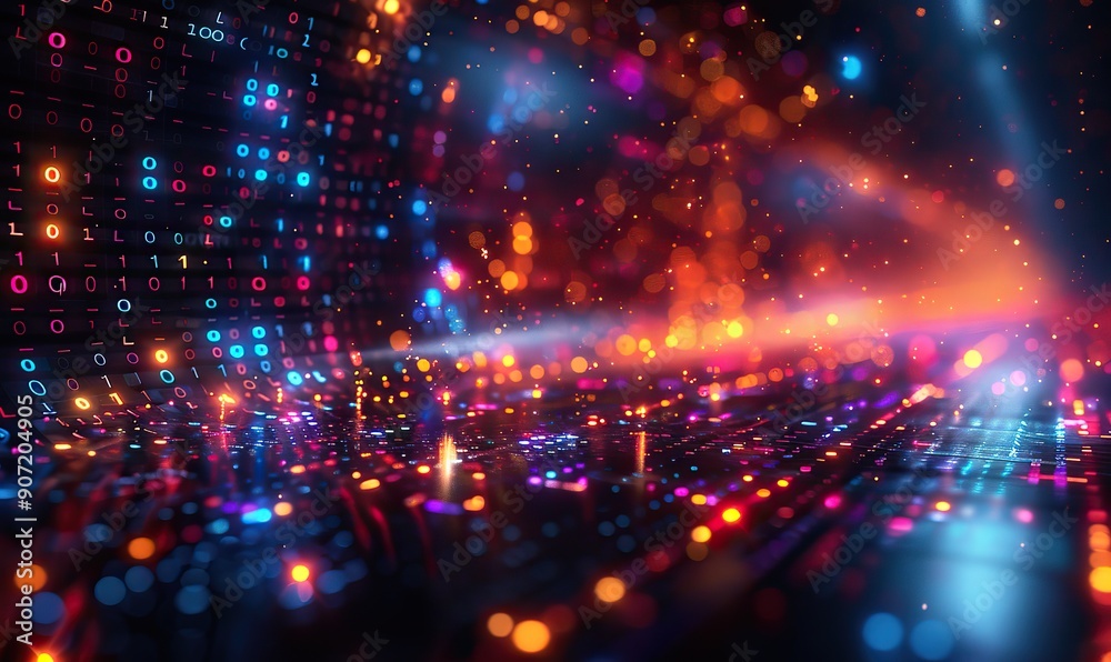 Abstract colorful lines and lights in a digital grid symbolize fast-moving data and advanced technology in a modern information technology setting. Abstract colorful lines and lights in a digital grid symbolize fast-moving data and advanced technology in a modern information technology setting.