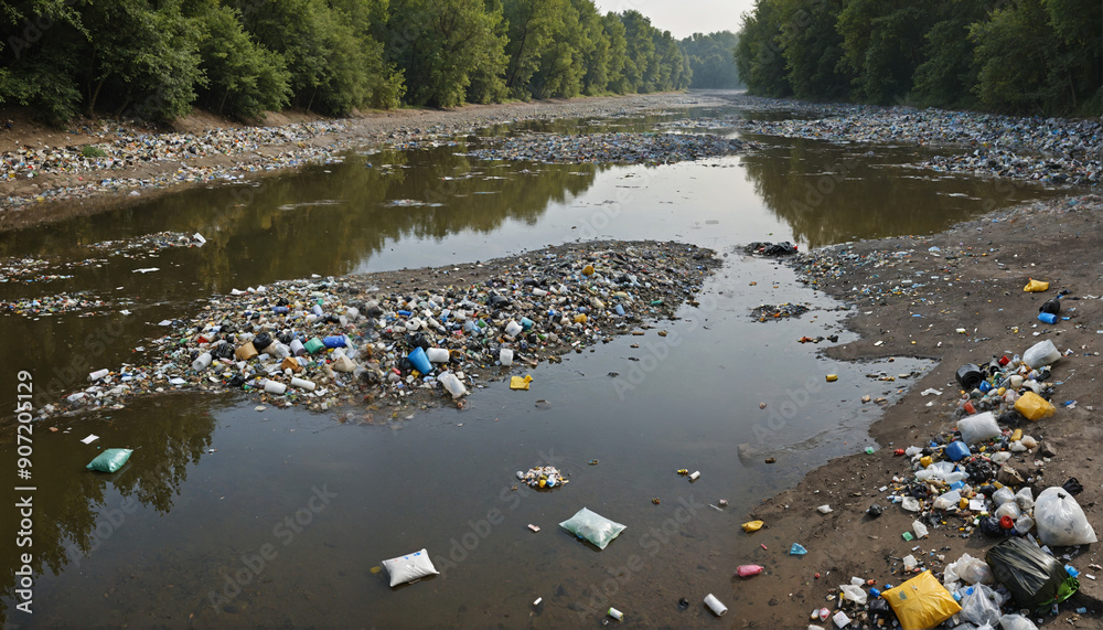 A polluted river filled with debris and garbage, showcasing the urgent need for environmental awareness and cleanup efforts. A polluted river filled with debris and garbage, showcasing the urgent need for environmental awareness and cleanup efforts.