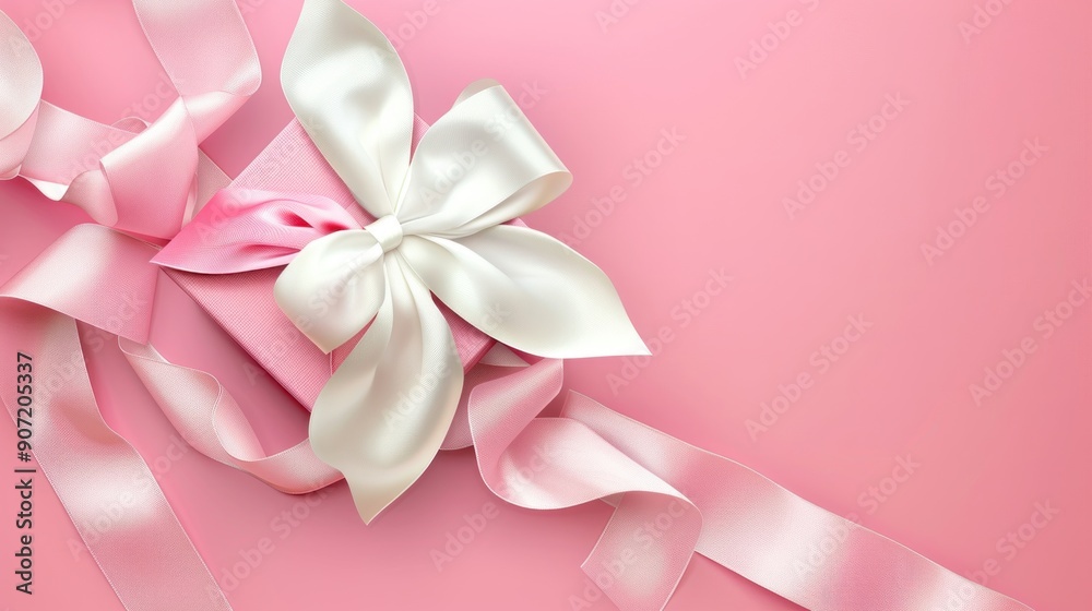 Pink and white satin gift box with a large bow on a pink background Pink and white satin gift box with a large bow on a pink background
