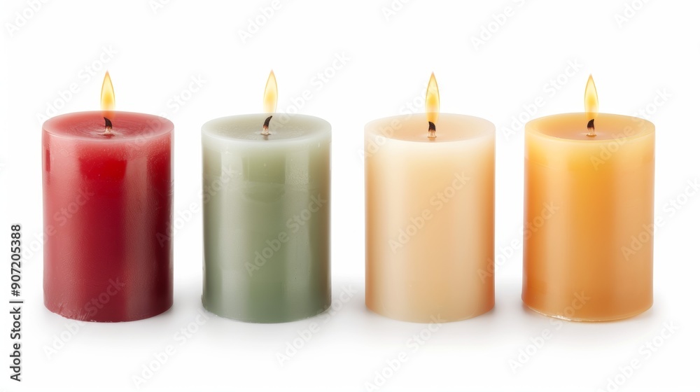 Four candles of different colors are lit, creating a warm Four candles of different colors are lit, creating a warm