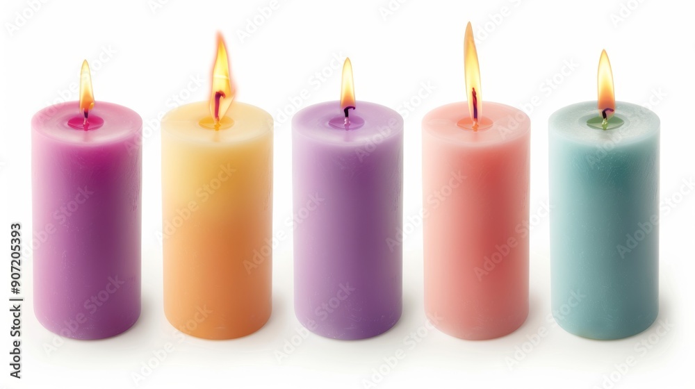 A row of five candles with different colors and sizes