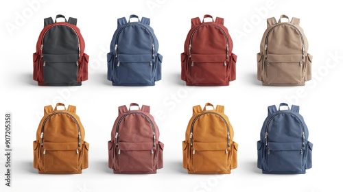 A row of backpacks in various colors, including blue, red, and yellow