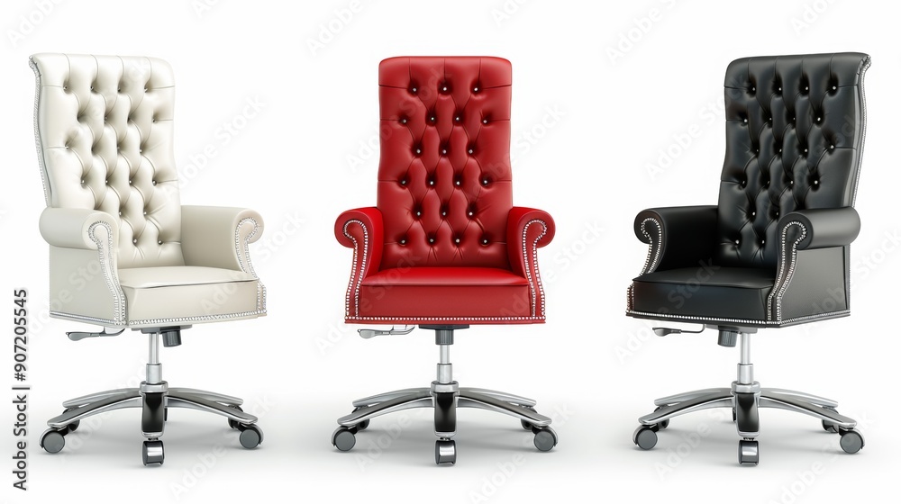 Three leather office chairs with white and red accents Three leather office chairs with white and red accents