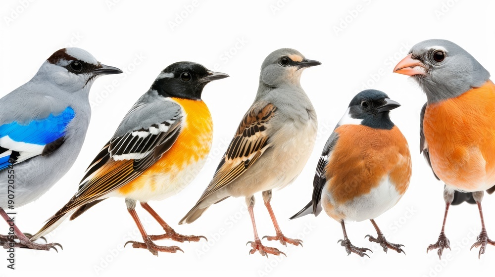 A row of birds with different colors and sizes A row of birds with different colors and sizes