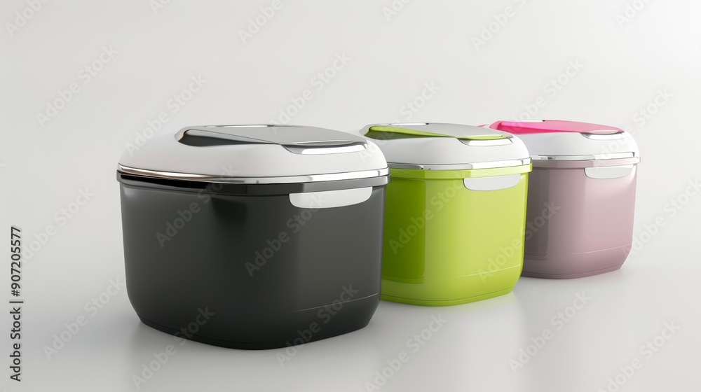 Three different colored containers, one black, one green, and one pink Three different colored containers, one black, one green, and one pink