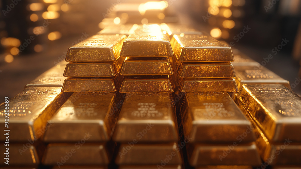 Gold bars stacked in a pyramid shape, shining brightly. Generative AI Gold bars stacked in a pyramid shape, shining brightly. Generative AI