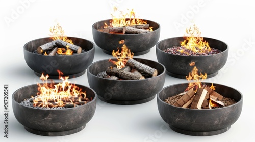 A series of bowls with fire in them, each with a different type of wood