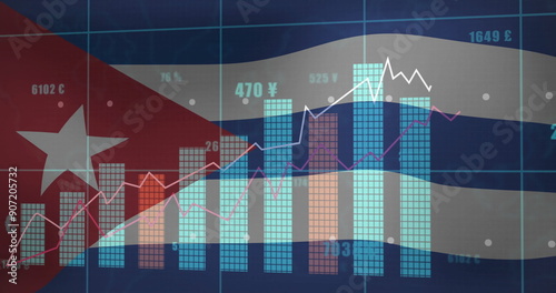 Financial data charts and graphs image over Cuban flag background photo