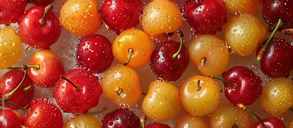 Close-up of Fresh Red and Yellow Cherries with Water Droplets Close-up of Fresh Red and Yellow Cherries with Water Droplets