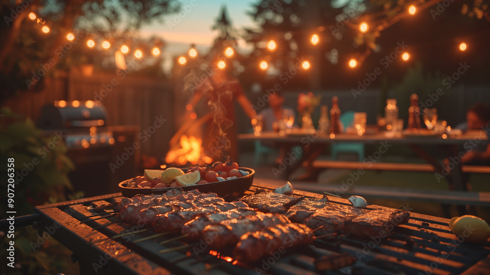 Outdoor barbecue party at night in the garden, warm and pleasant atmosphere. Outdoor barbecue party at night in the garden, warm and pleasant atmosphere.