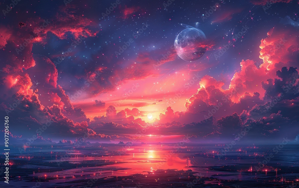 Fantasy Sunset with Pink Clouds and a Moon Fantasy Sunset with Pink Clouds and a Moon
