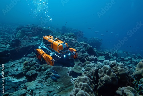 Underwater drone exploring vibrant coral reef in deep blue ocean. High-tech robotics in marine research and aquatic environment.