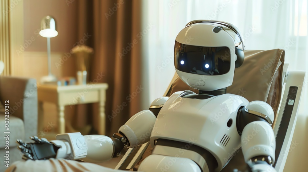 Modern domestic robot relaxing in a cozy living room, showcasing advanced home automation and artificial intelligence technology. Modern domestic robot relaxing in a cozy living room, showcasing advanced home automation and artificial intelligence technology.