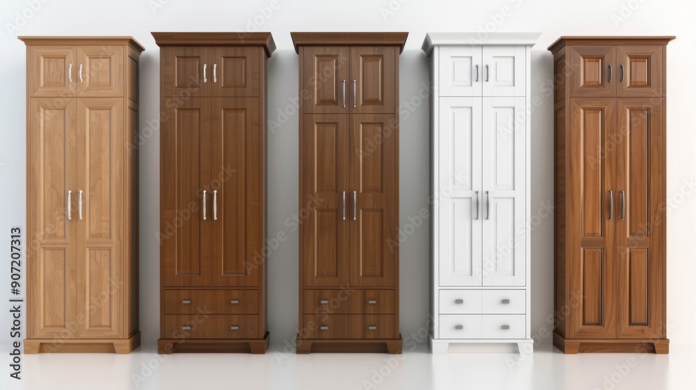 Five different colored wooden dressers, each with a unique design Five different colored wooden dressers, each with a unique design