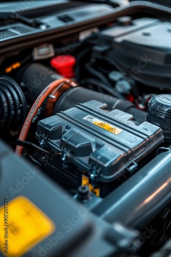 Close-up view of a car battery nestled within the vehicle's engine compartment, highlighting © markusmiller