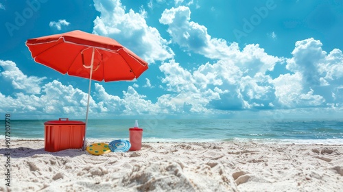 A beach scene with an orange umbrella, cooler, and toys on the sandy shore with a view of the ocean and sky.