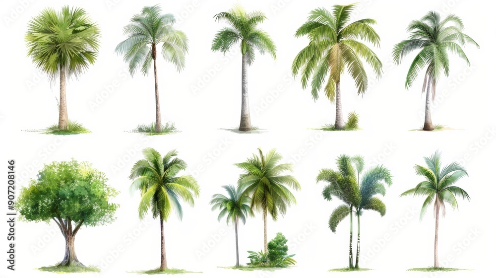 A collection of palm trees in various sizes and positions A collection of palm trees in various sizes and positions