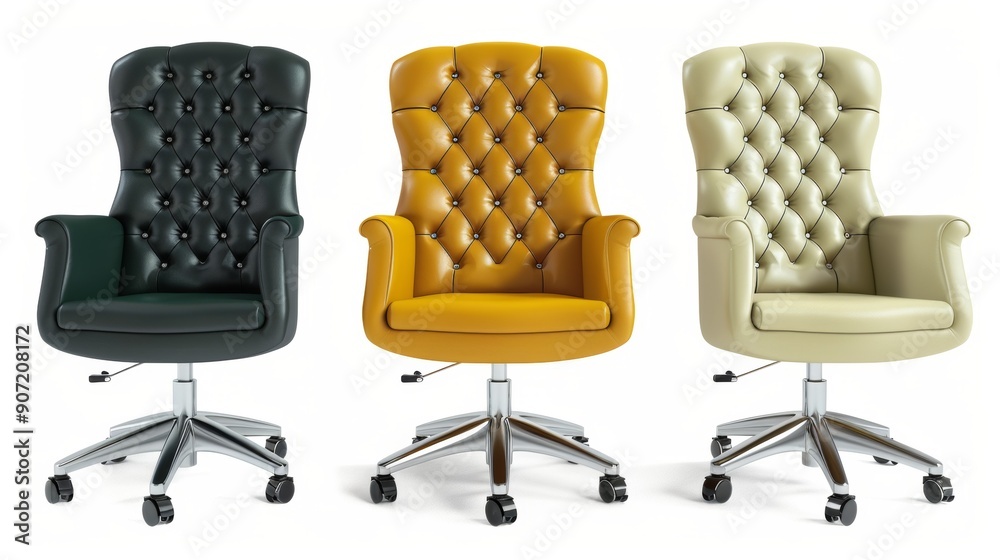Fototapeta premium Three leather chairs with different colors and designs