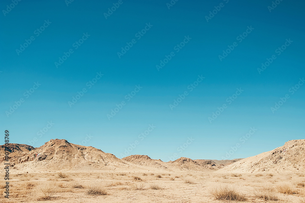 landscape in the desert, small hills in the distance, warm tones and sparse vegetation, low angle shot, minimalistic, clear blue sky, photorealistic landscape in the desert, small hills in the distance, warm tones and sparse vegetation, low angle shot, minimalistic, clear blue sky, photorealistic