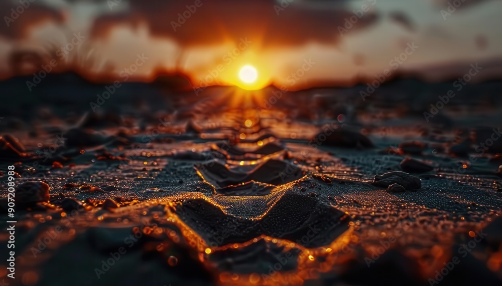 Footprint trail in the sand leading to an unknown destination, creating a sense of mystery and adventure, Realism, Earthy tones, Photography Footprint trail in the sand leading to an unknown destination, creating a sense of mystery and adventure, Realism, Earthy tones, Photography