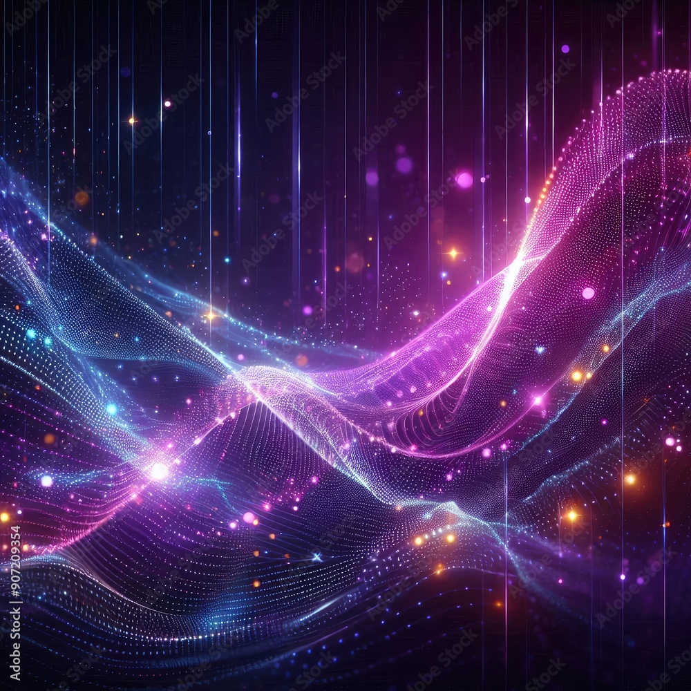 Fototapeta premium Digital purple wavy shape particles with light and shining stars abstract background 