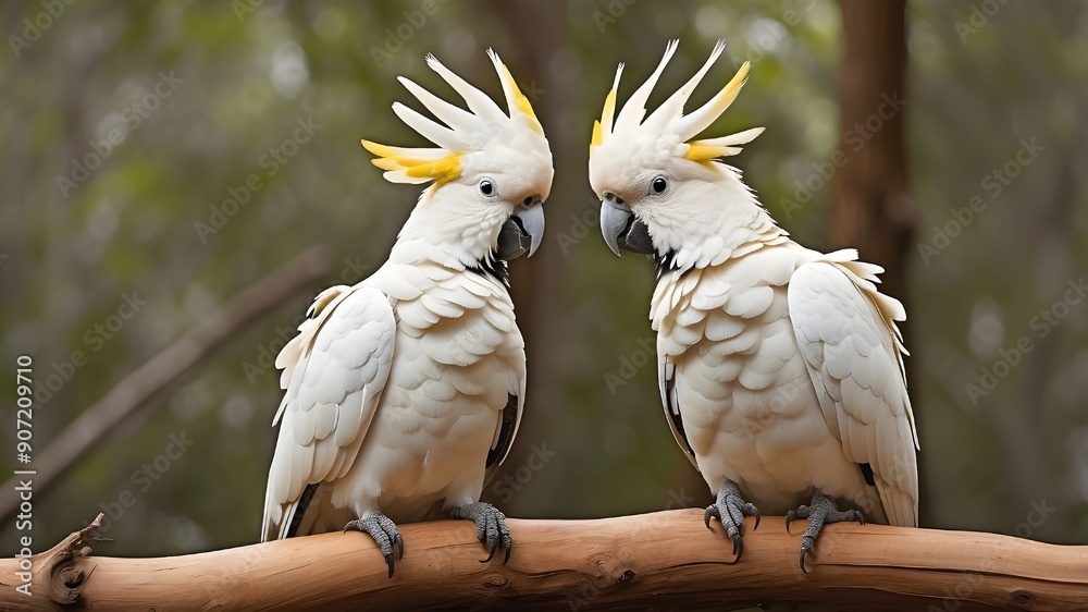 A pair of Australian Cockatoos displaying their distinctive crests while interacting in their natural forest habitat. A pair of Australian Cockatoos displaying their distinctive crests while interacting in their natural forest habitat.
