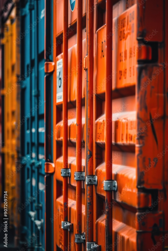 Obraz premium A row of orange and blue shipping containers stacked together