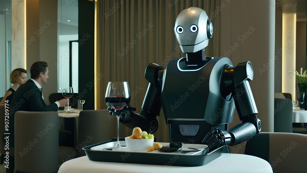 Humanoid robot serving foods and water at fancy restaurant, server robot, Future concept background, ai generated Humanoid robot serving foods and water at fancy restaurant, server robot, Future concept background, ai generated